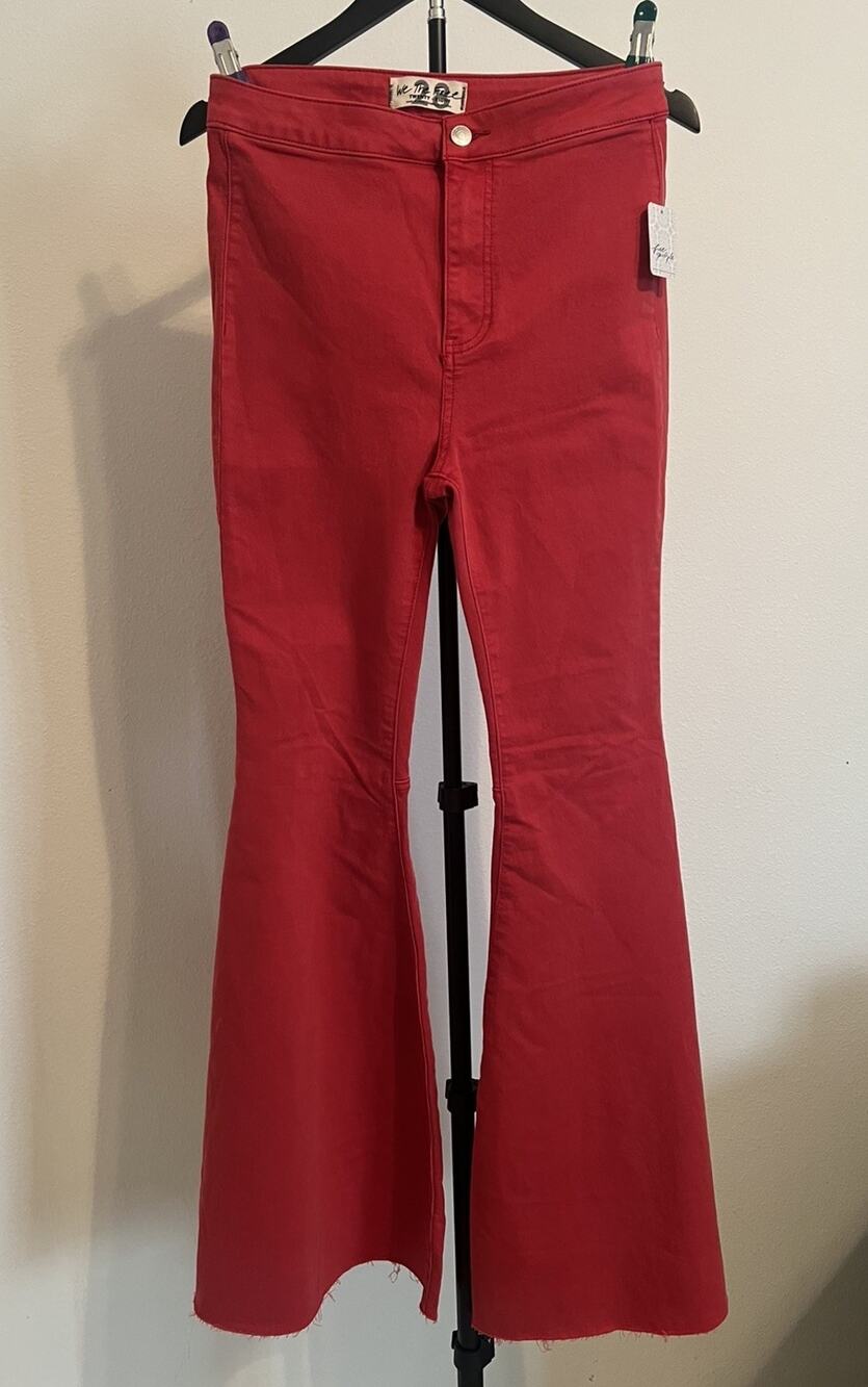 We The Free Just Float On High-Waist Flare Jeans Red Boho Hippy Size 28